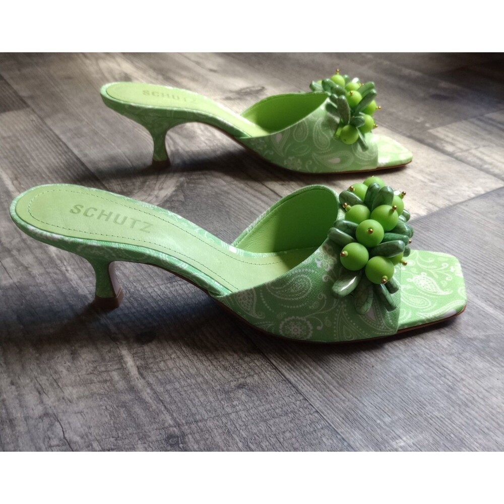 Schutz Women's 9B Lime Green Paisley Kitten Mules with Bead Detail NWOT